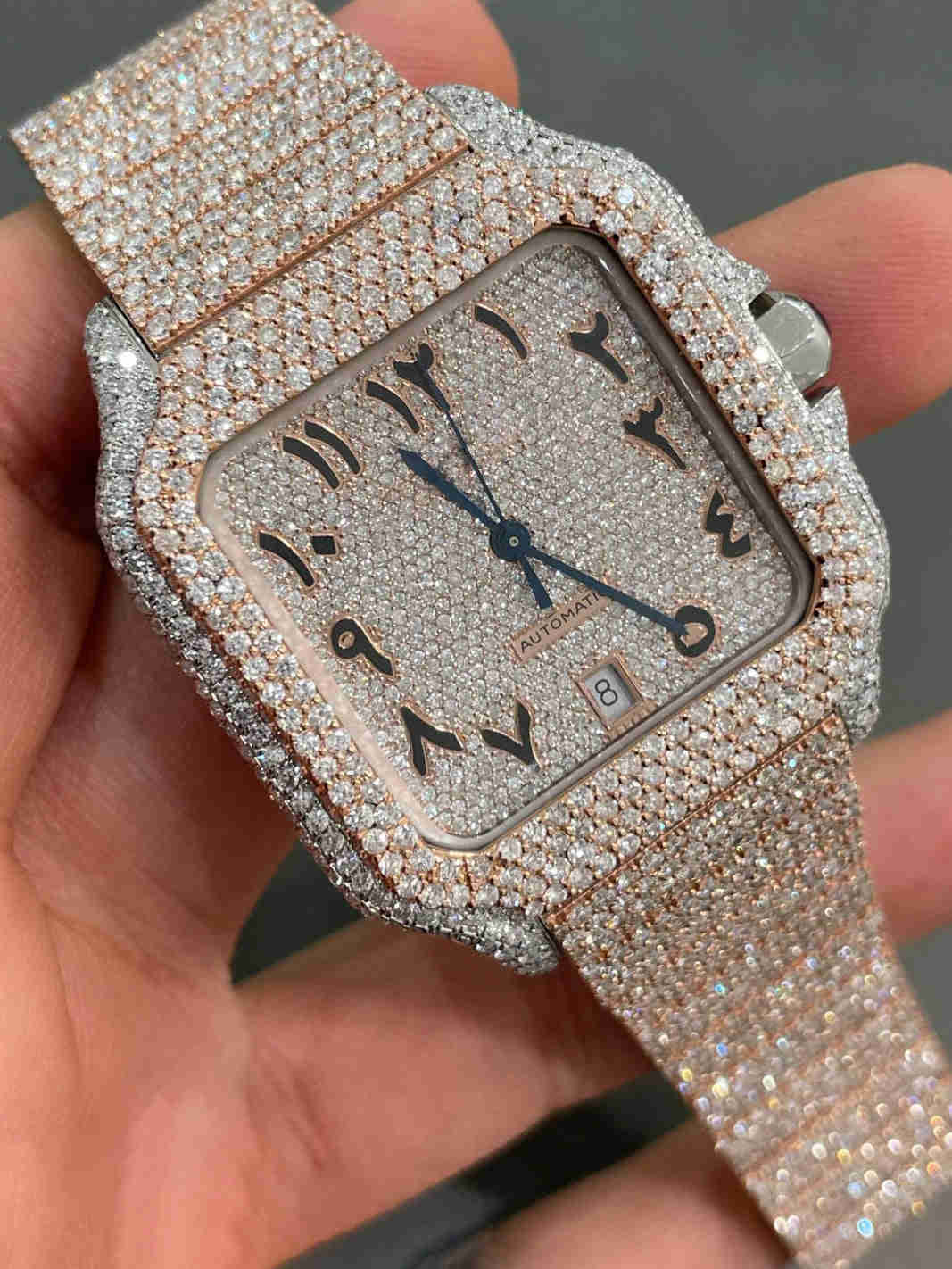 Rose Two Tone Arabic Numeral Fully Buss Down Moissanite Watch