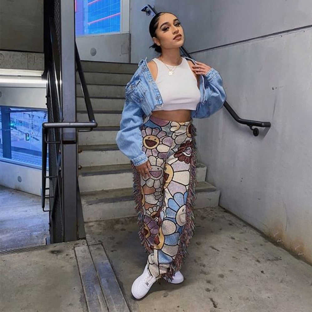 Tassel Patchwork Striped Print Jogger Pant for Women - High Waist Casual Summer Sweat Pants