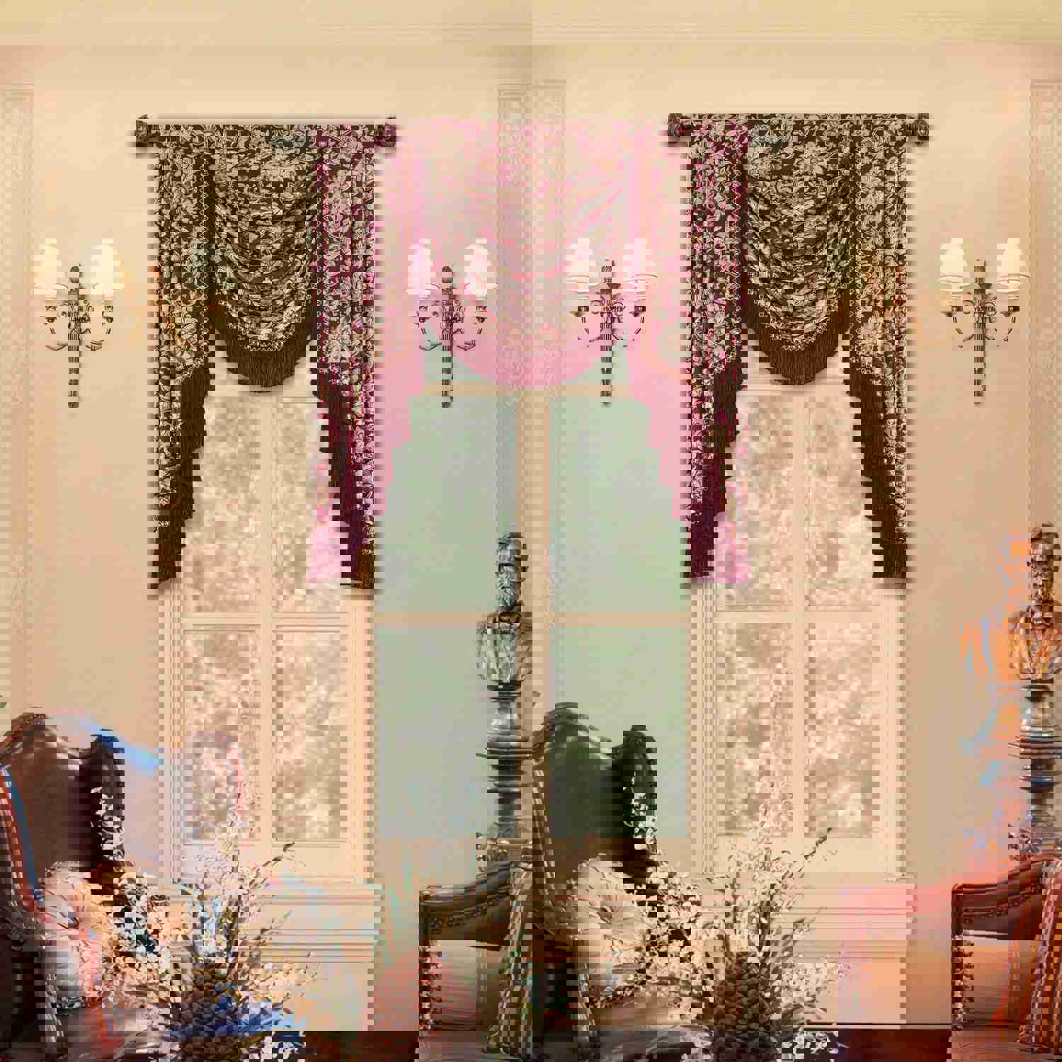 Burgundy Swag Valance with Classical Floral Pattern