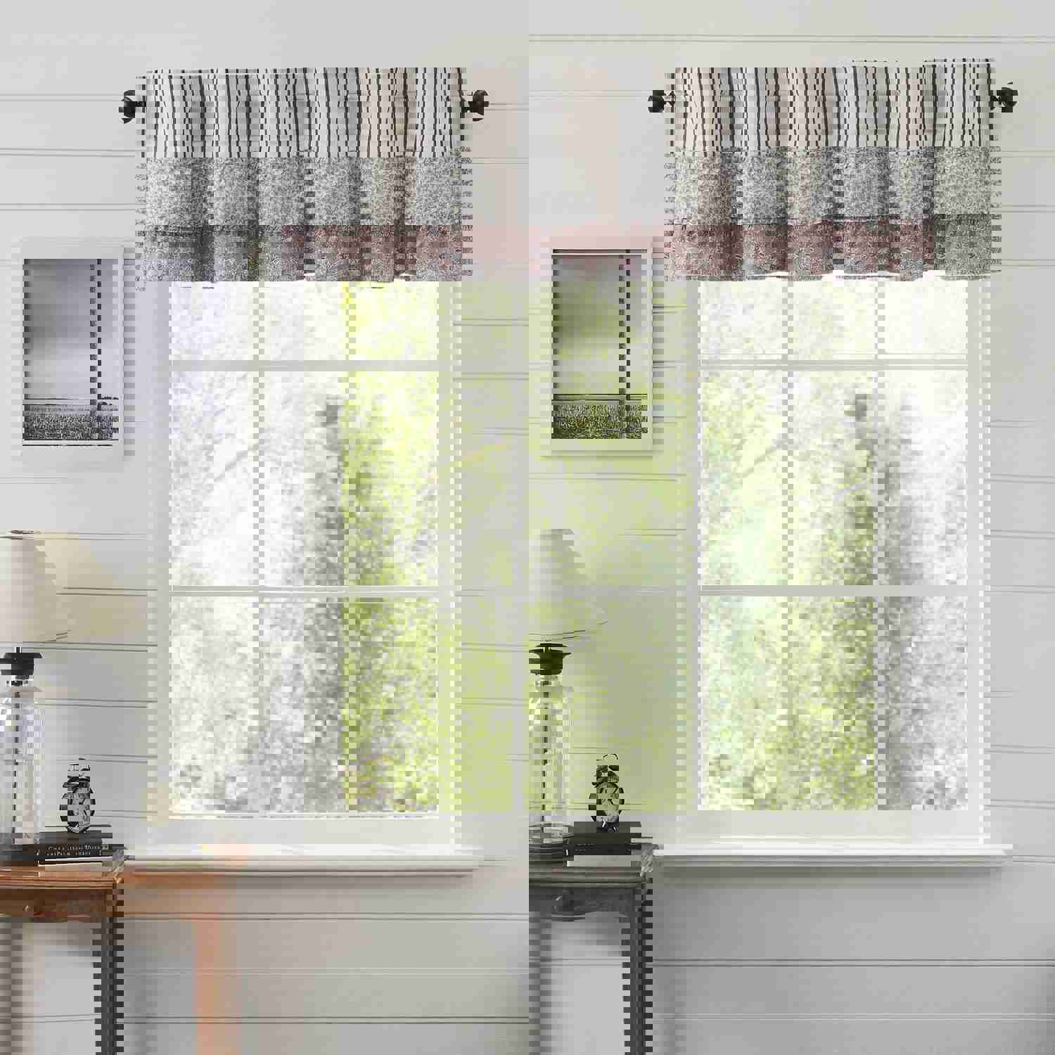 Kaila Blue Ticking Ruffled Valance - Layered Window Treatment by VHC Brands