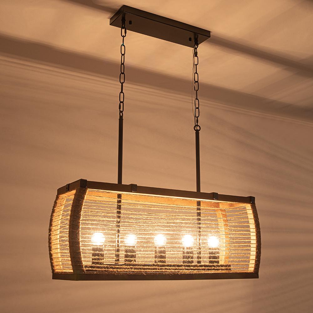 Rustic 5-Light Kitchen Island Linear Rectangle Pendant Light with Wood Washed & Jute Rope