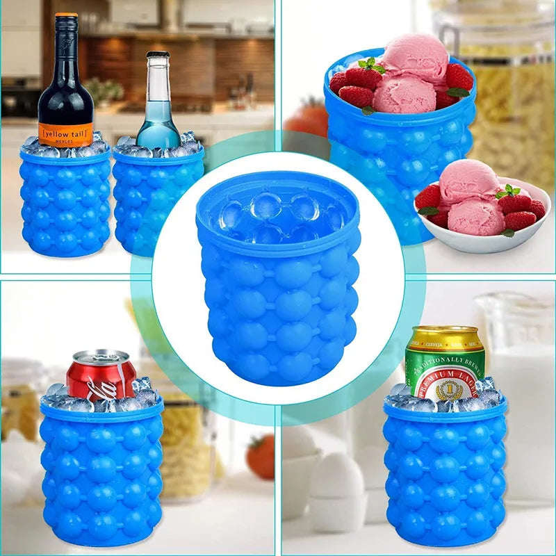 2 in 1 Ice Bucket Mold with Lid - Large Silicone Space Saving Ice Maker for Kitchen, Party, Barware