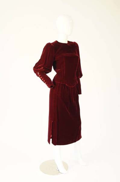 1990s Red Wine Velvet Skirt Set With Dramatic Sleeves