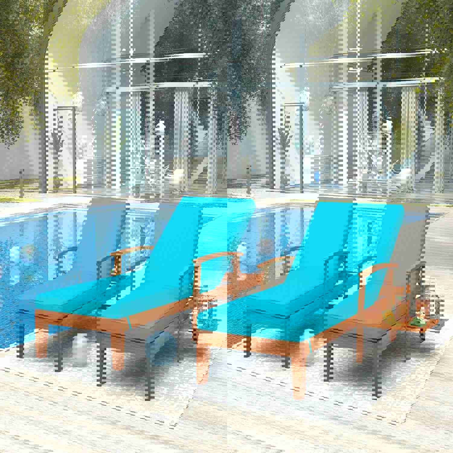 TOPMAX Outdoor Solid Wood 78.8 Chaise Lounge Patio Reclining Daybed with Cushion, Wheels and Sliding Cup Table - Set of 2