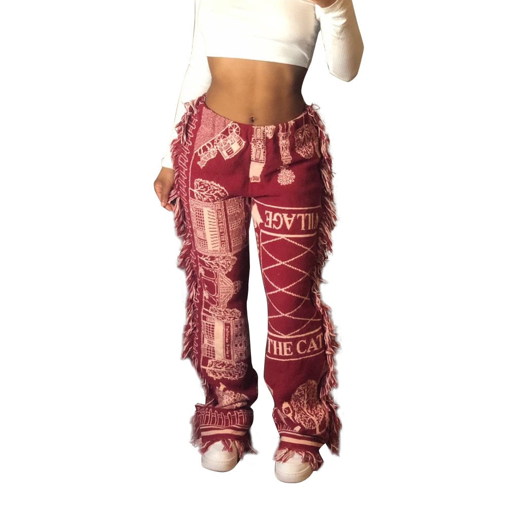 Tassel Patchwork Striped Print Jogger Pant for Women - High Waist Casual Summer Sweat Pants