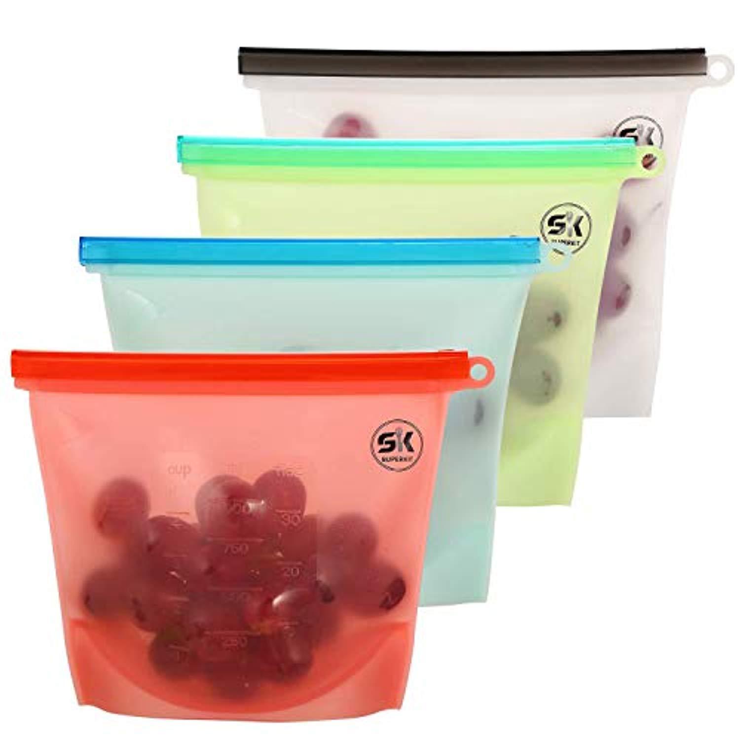 Reusable Silicone Food Storage Bags 4PACK - FDA Approved, Leakproof & Airtight for Fruits, Vegetables, Meat