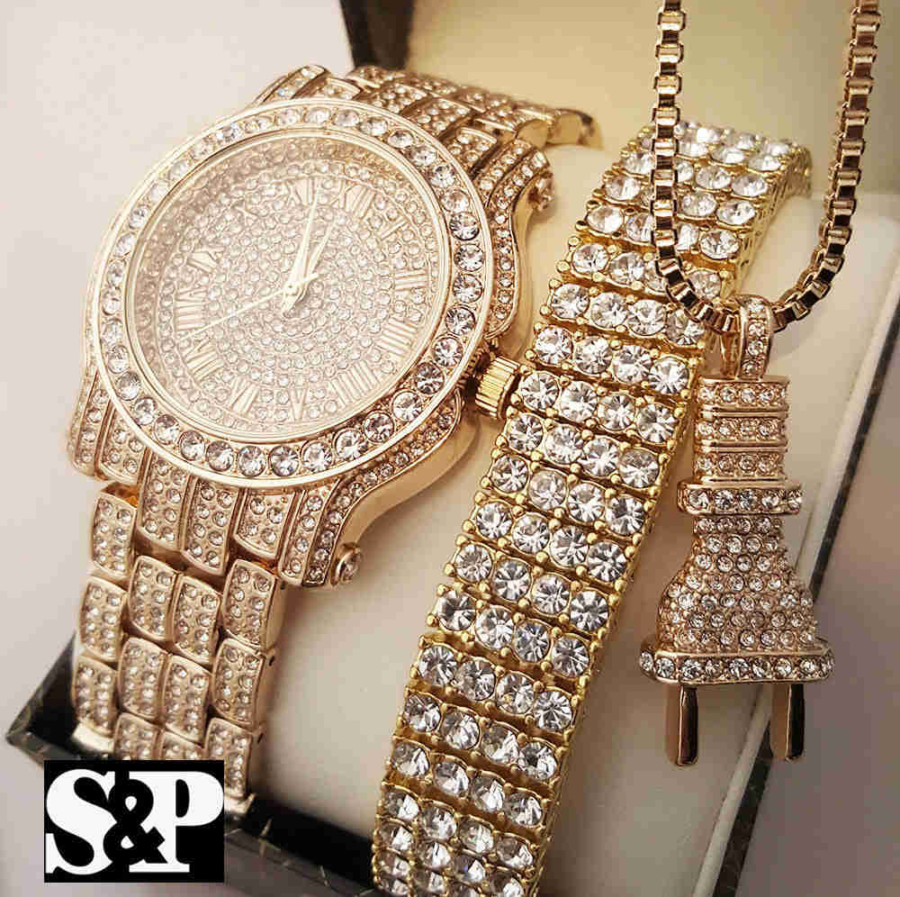 Iced Out Lab Diamond Watch, Bracelet & Power Plug Necklace Gift Set