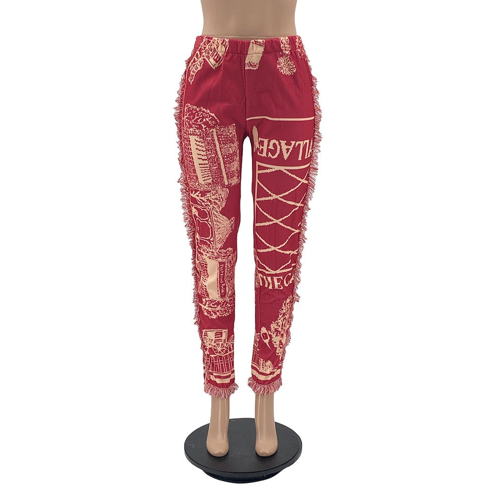 Tassel Patchwork Striped Print Jogger Pant for Women - High Waist Casual Summer Sweat Pants