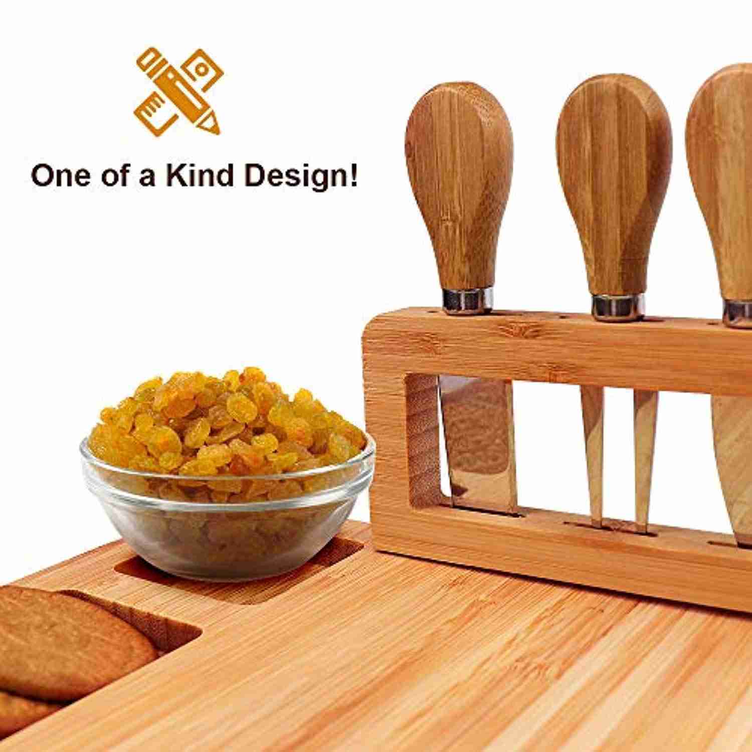 Bamboo Cheese Board Set with 4 Stainless Steel Knives - Perfect Gift for Christmas, Wedding, Birthday, and Anniversary