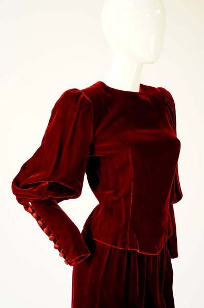 1990s Red Wine Velvet Skirt Set With Dramatic Sleeves