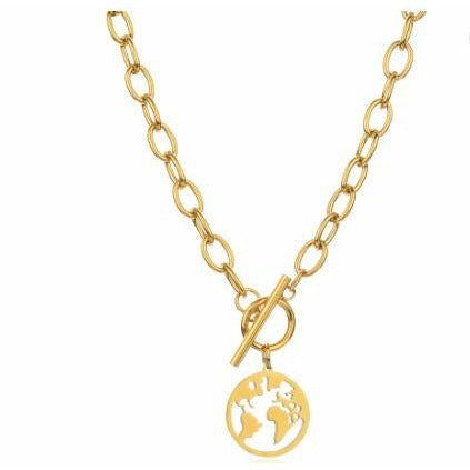 World Map Pendant Necklace - Stainless Steel/Color Gold Chunky Chain