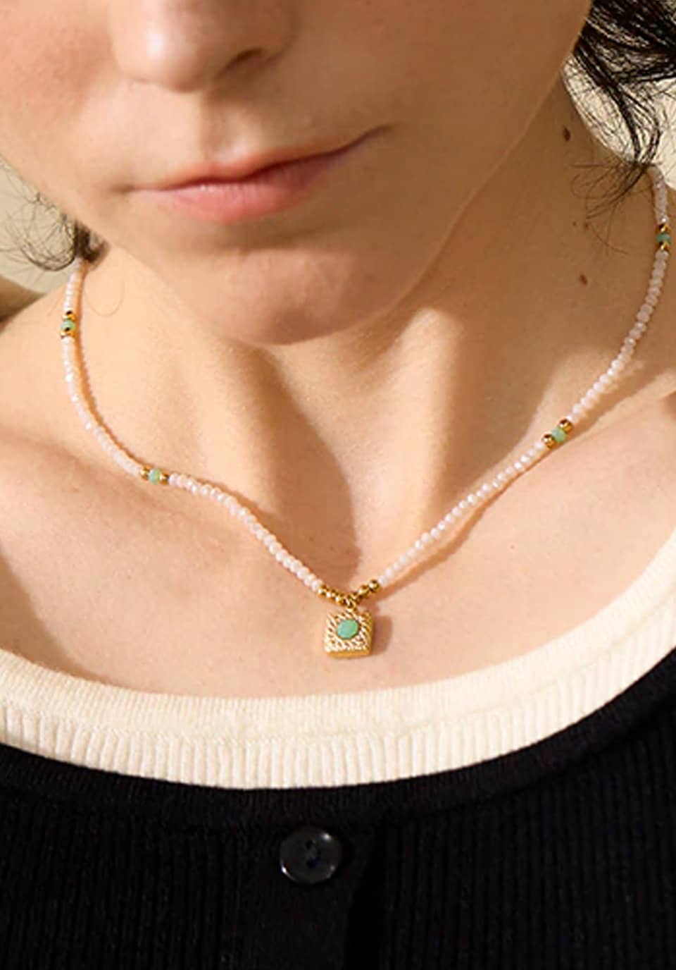 Nevada Crystal Necklace - Dainty White Beads with Turquoise Accent