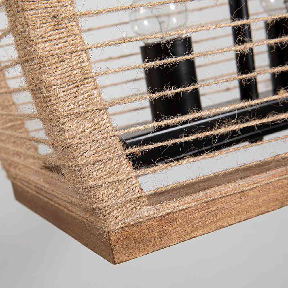 Rustic 5-Light Kitchen Island Linear Rectangle Pendant Light with Wood Washed & Jute Rope