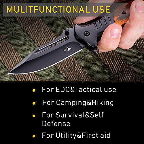 GRAND WAY Spring Assisted Folding Pocket Knife - Tactical EDC Knife with Wood Handle
