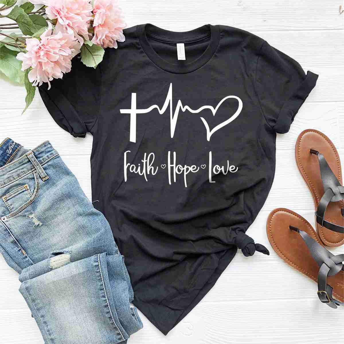 Faith Hope Love T-Shirt - Christian Heartbeat Tee with Cross Design