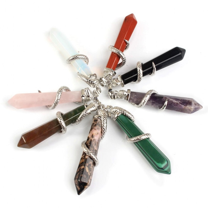 Natural Gnergy Gemstone Silver Plated Amethyst Rose Pink Quartz Opalite Hexagon Prism Snake Pendant Charm Jewelry