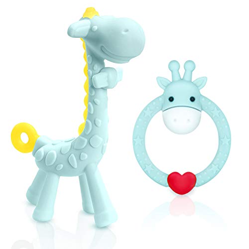 SHARE&CARE BPA Free Silicone Giraffe Baby Teether Toy Set (Blue) - 2 Pack