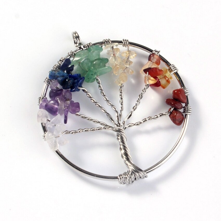 Natural Gnergy Gemstone Silver Plated Amethyst Wire Wrapped Chakra Tourmaline Tree Life Pendant Carnelian Jewelry