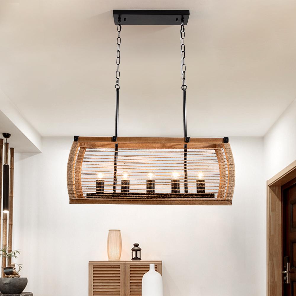 Rustic 5-Light Kitchen Island Linear Rectangle Pendant Light with Wood Washed & Jute Rope