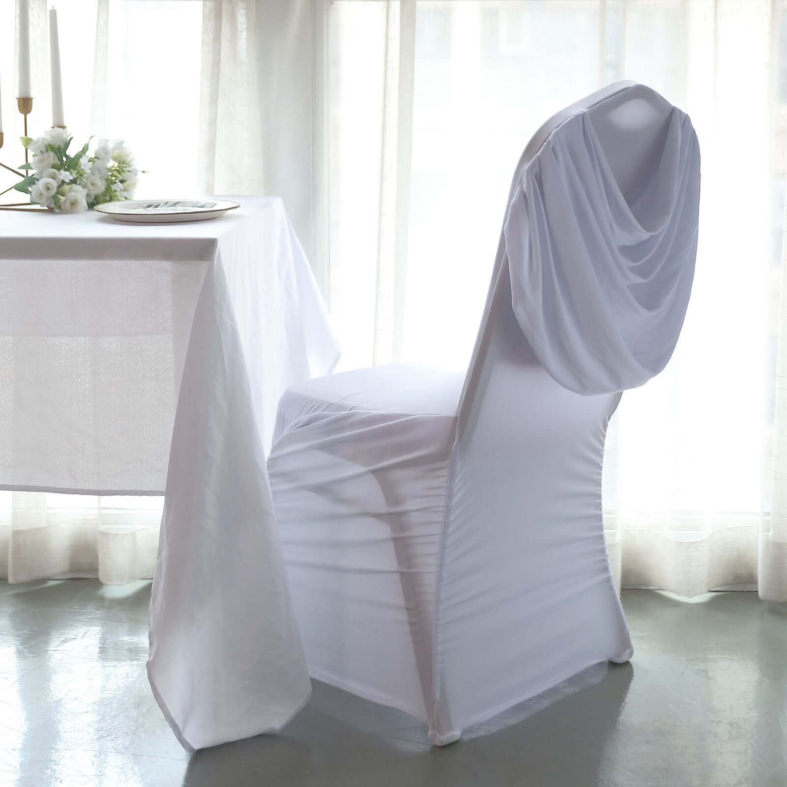White Ruched Swag Back Spandex Fitted Banquet Chair Cover With Foot Pockets