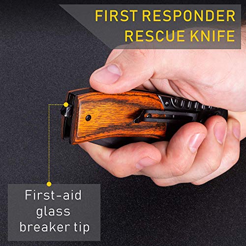 GRAND WAY Spring Assisted Folding Pocket Knife - Tactical EDC Knife with Wood Handle