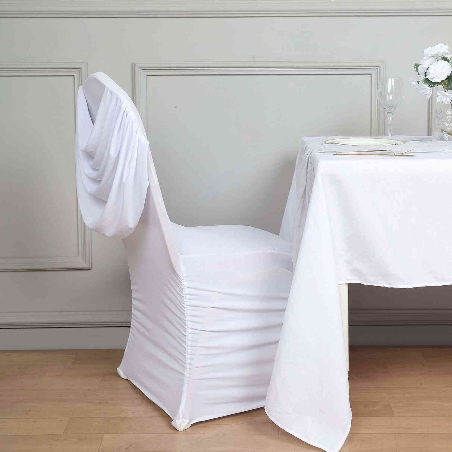 White Ruched Swag Back Spandex Fitted Banquet Chair Cover With Foot Pockets