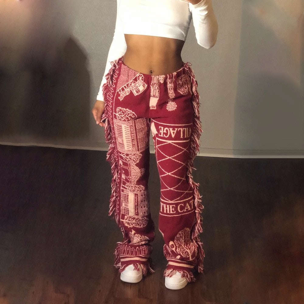 Tassel Patchwork Striped Print Jogger Pant for Women - High Waist Casual Summer Sweat Pants