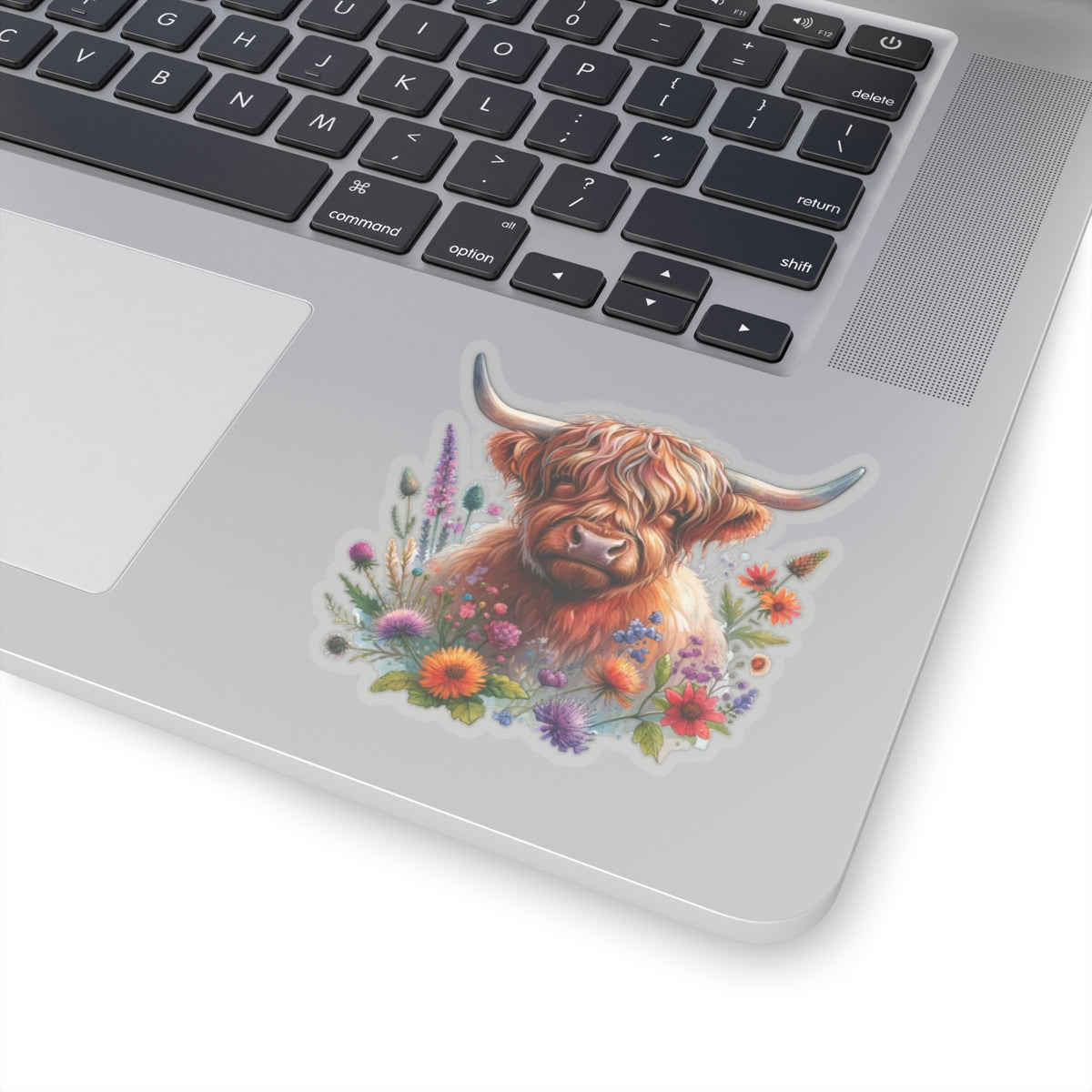 Scotland Highland Cow Floral Sticker Decal - Waterproof Vinyl for Laptop, Bottle, Car
