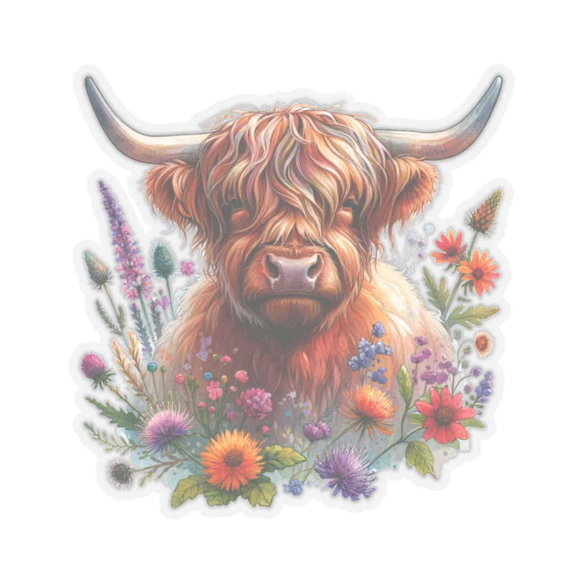 Scotland Highland Cow Floral Sticker Decal - Waterproof Vinyl for Laptop, Bottle, Car