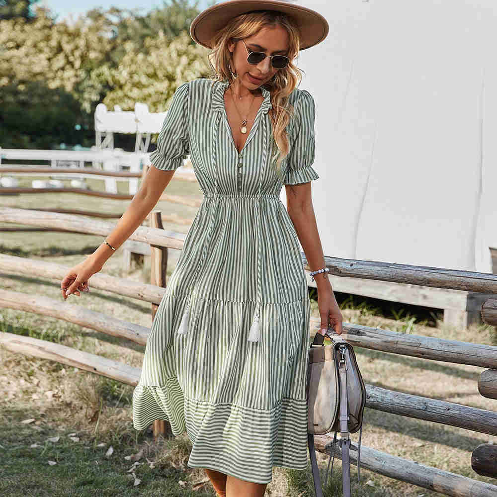 Fashion Striped Dress for Women - Casual Summer V-Neck Knee-Length Cotton Dress