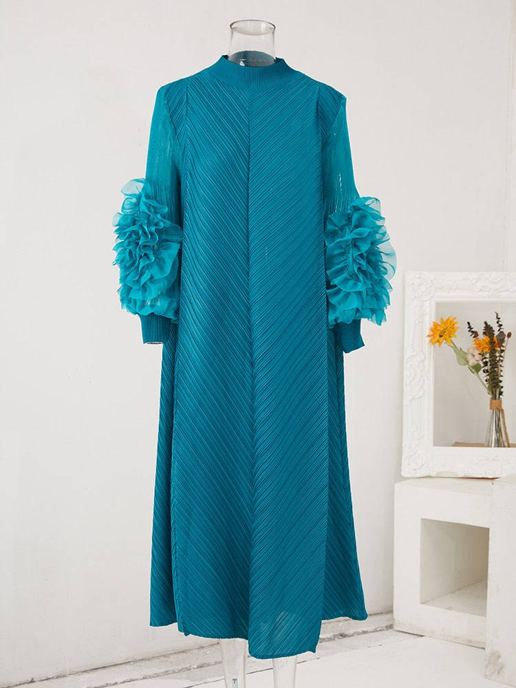 Pleated Dress Round Neck Spliced Fungus Full Sleeve Dresses for Women