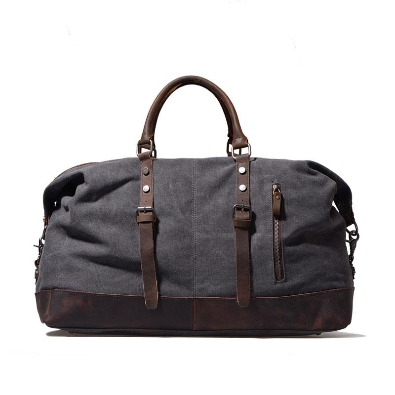 Gray Mens Leather Canvas Large Weekender Bag Canvas Travel Bag for Men
