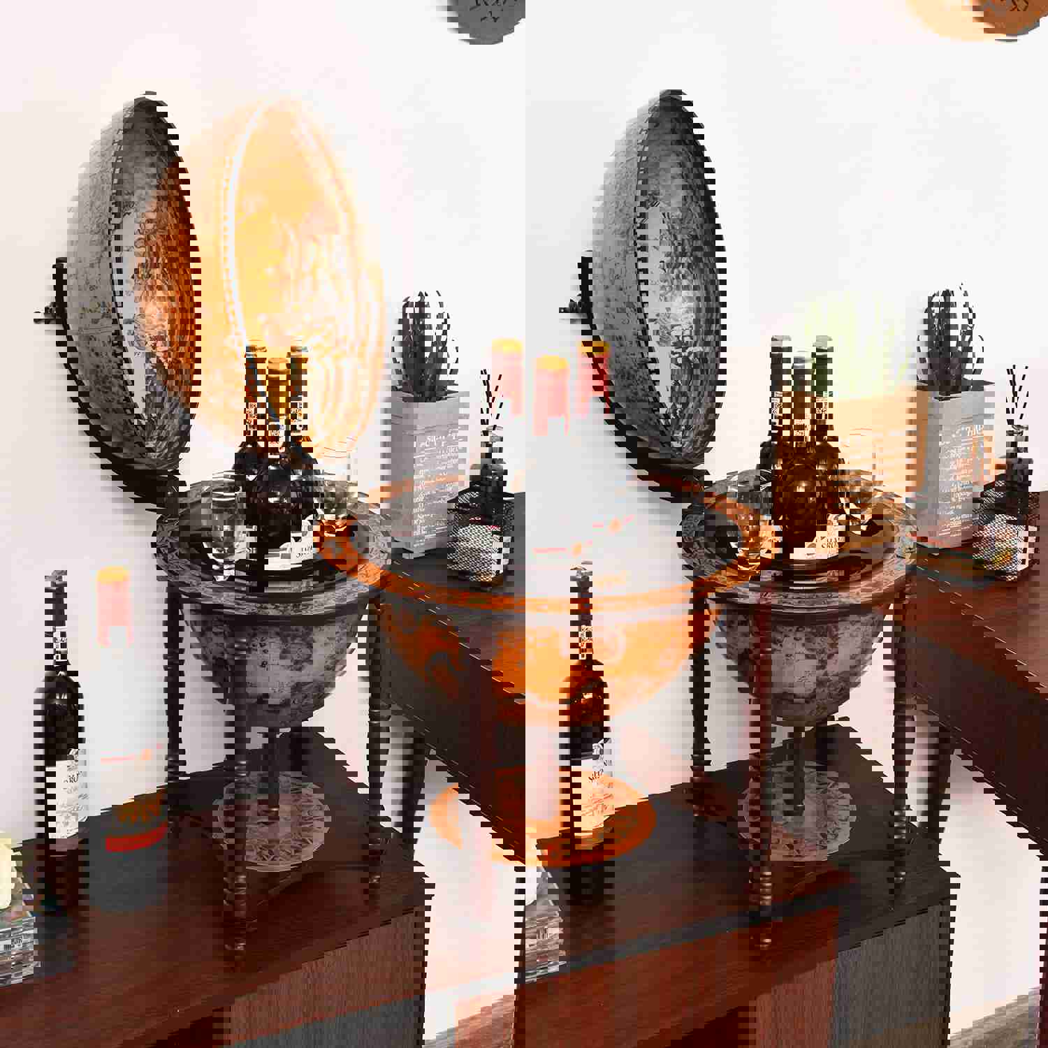 Tabletop 13 Globe Wine Bar Stand with 16th Century Italian Nautical Chart Design