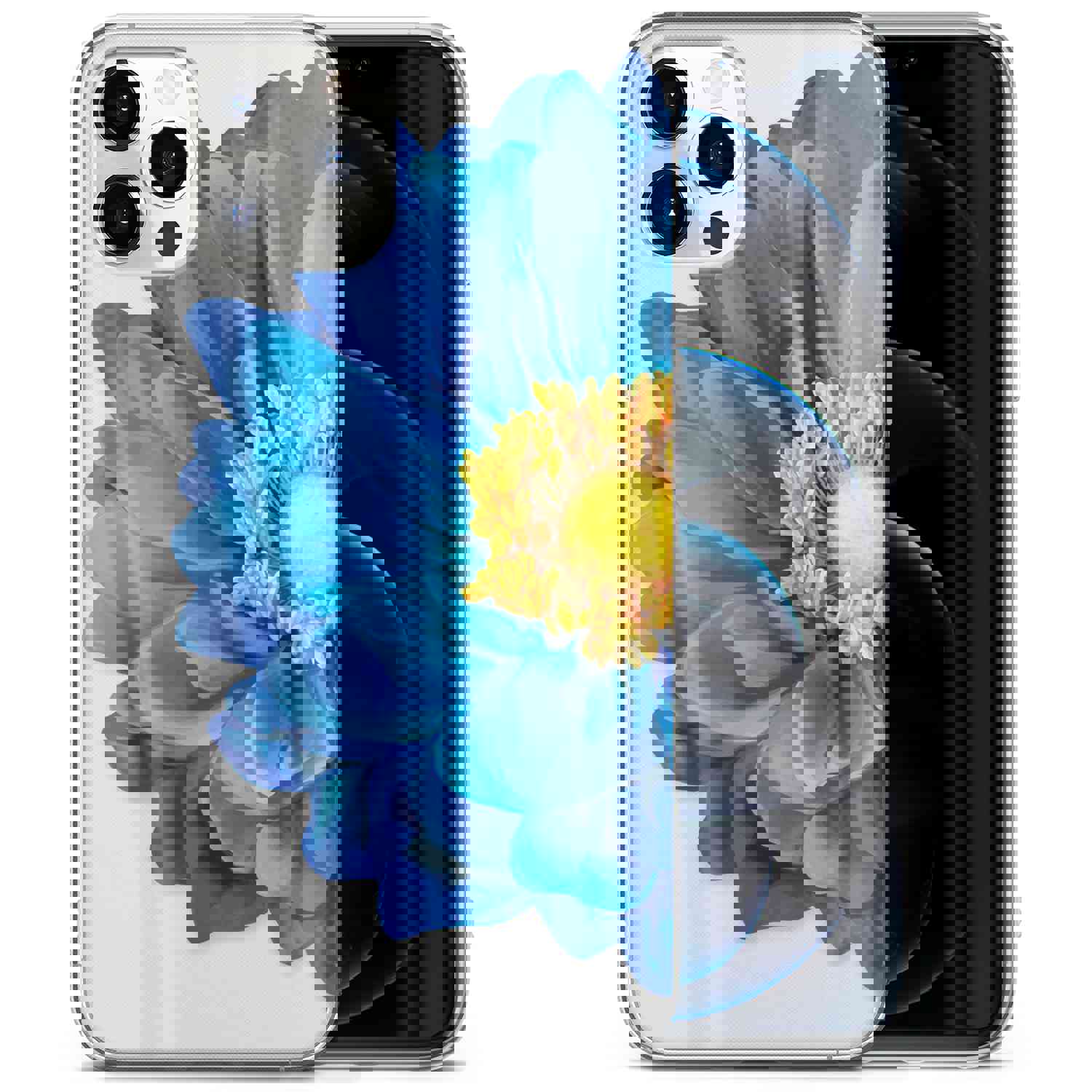High-Quality TPU Clear Case with Blue Flower Design for iPhone & Samsung Phones