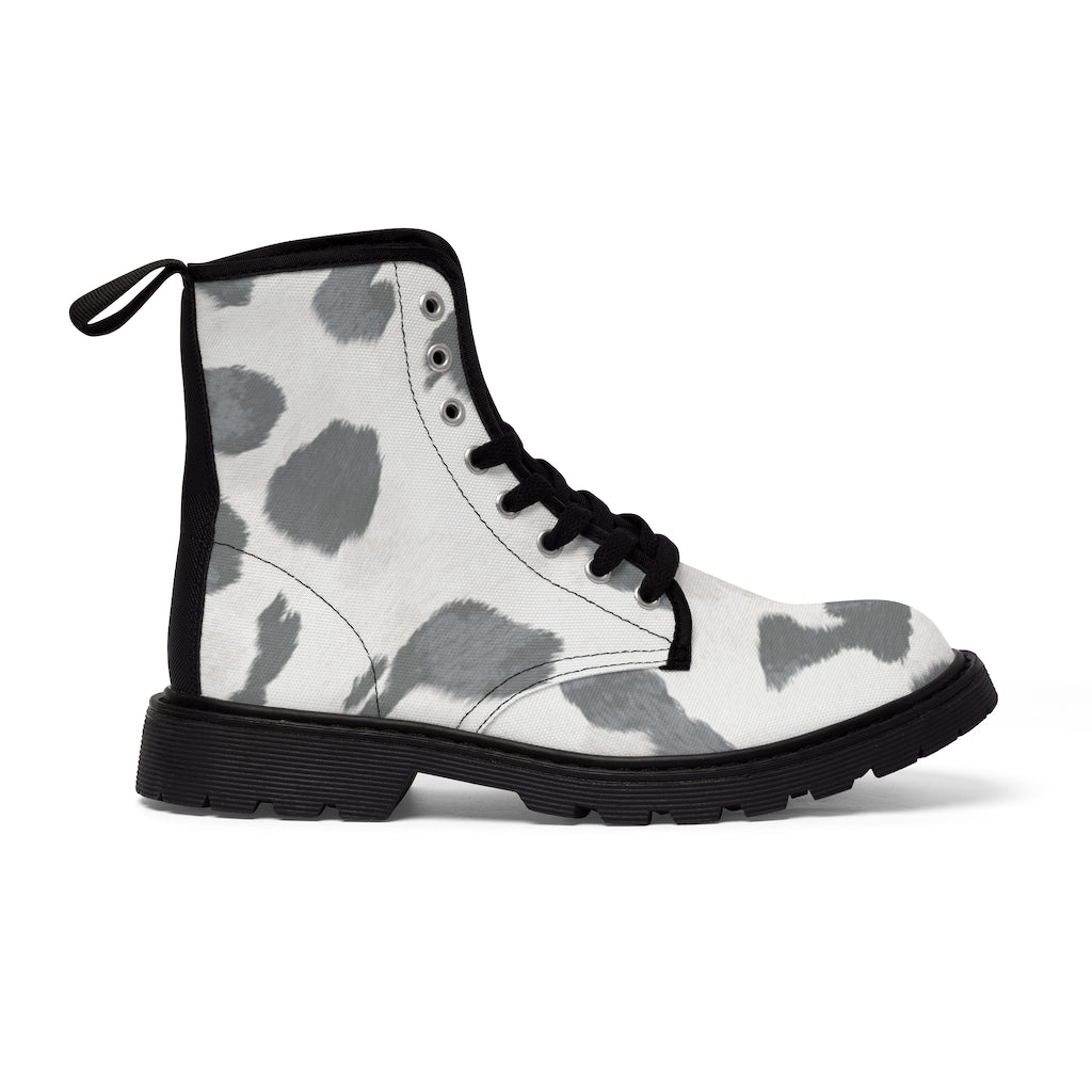Grey Cow Print Canvas Boots for Women