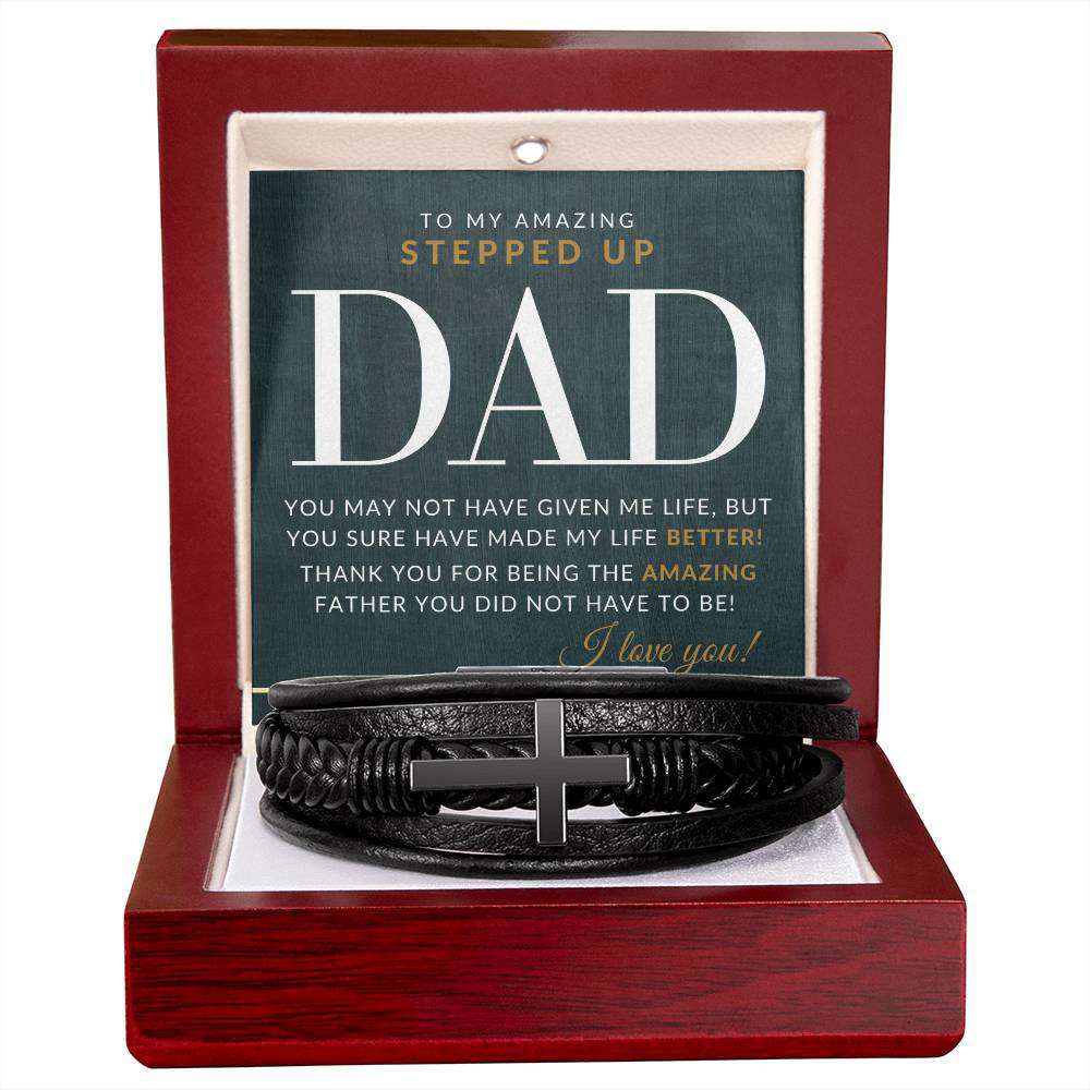 Stepped Up Dad Present - Mens Braided Leather Bracelet with Cross - Perfect Gift for Christmas, Birthday or Fathers Day