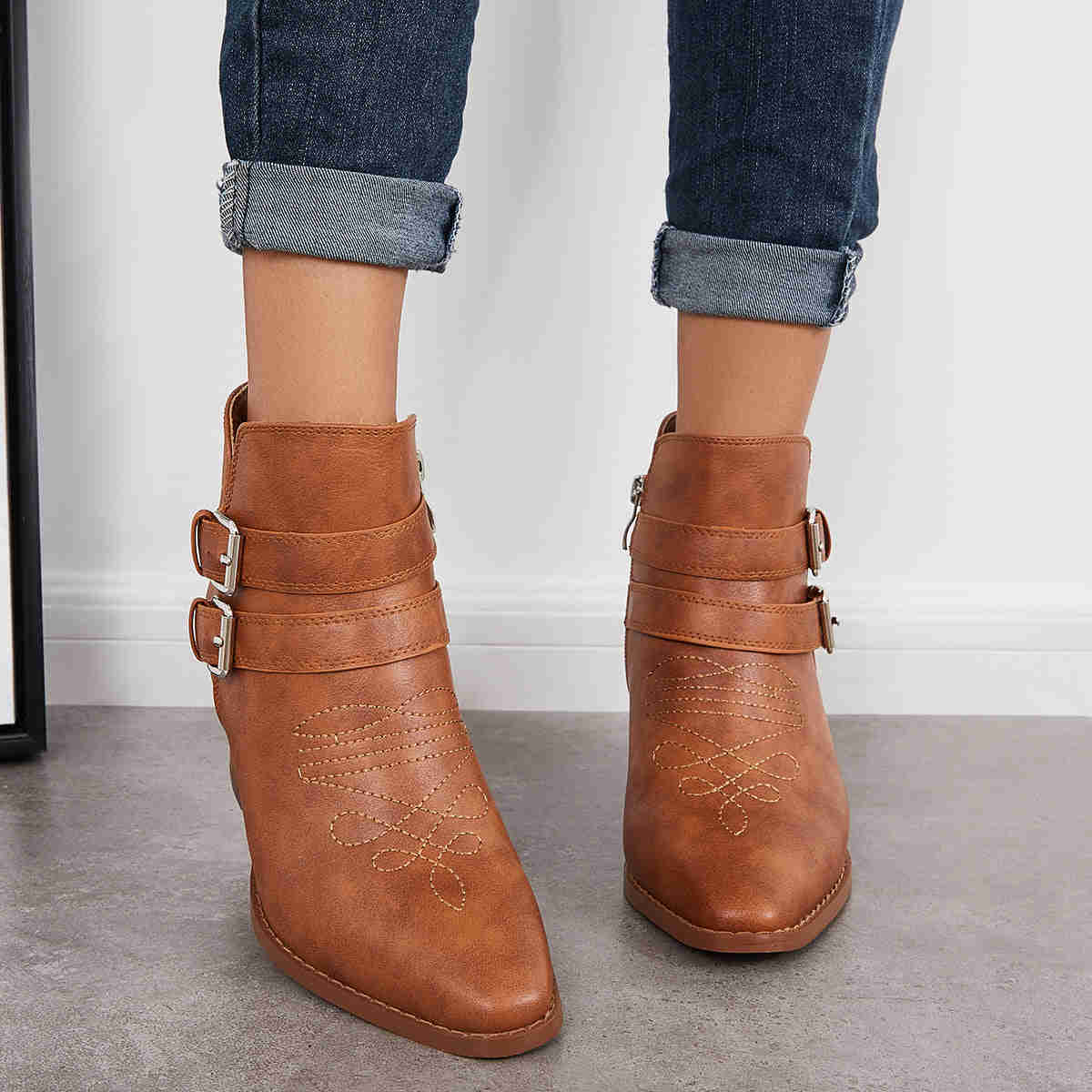 Cutout Buckle Straps Ankle Boots Chunky Block Heel Western Booties