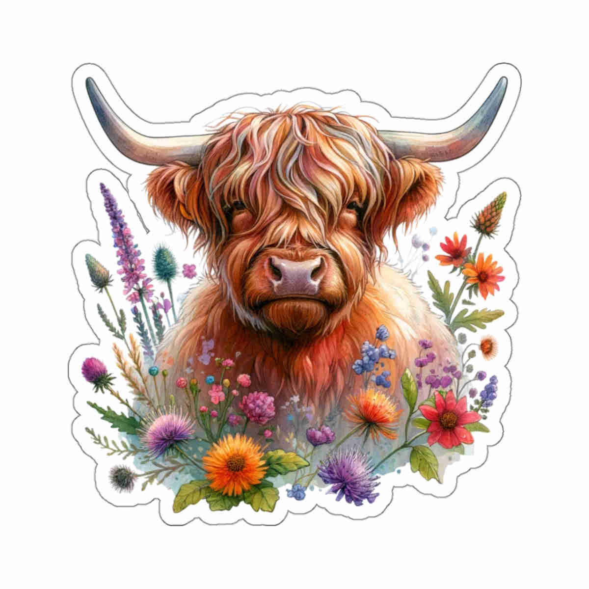Scotland Highland Cow Floral Sticker Decal - Waterproof Vinyl for Laptop, Bottle, Car