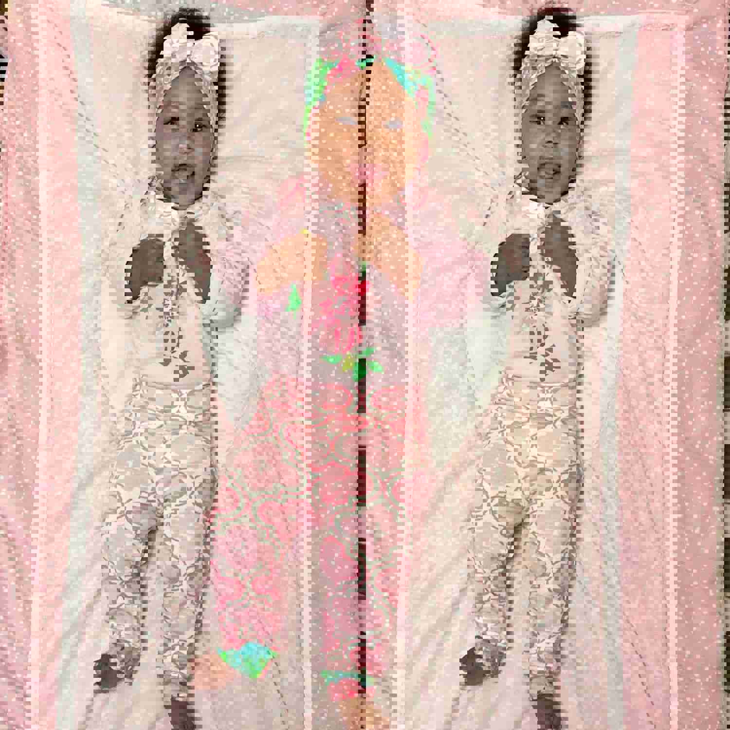 AnnLoren Baby Girls Layette Pink Arabesque Floral Onesie Pants Headband 3pc Gift Set