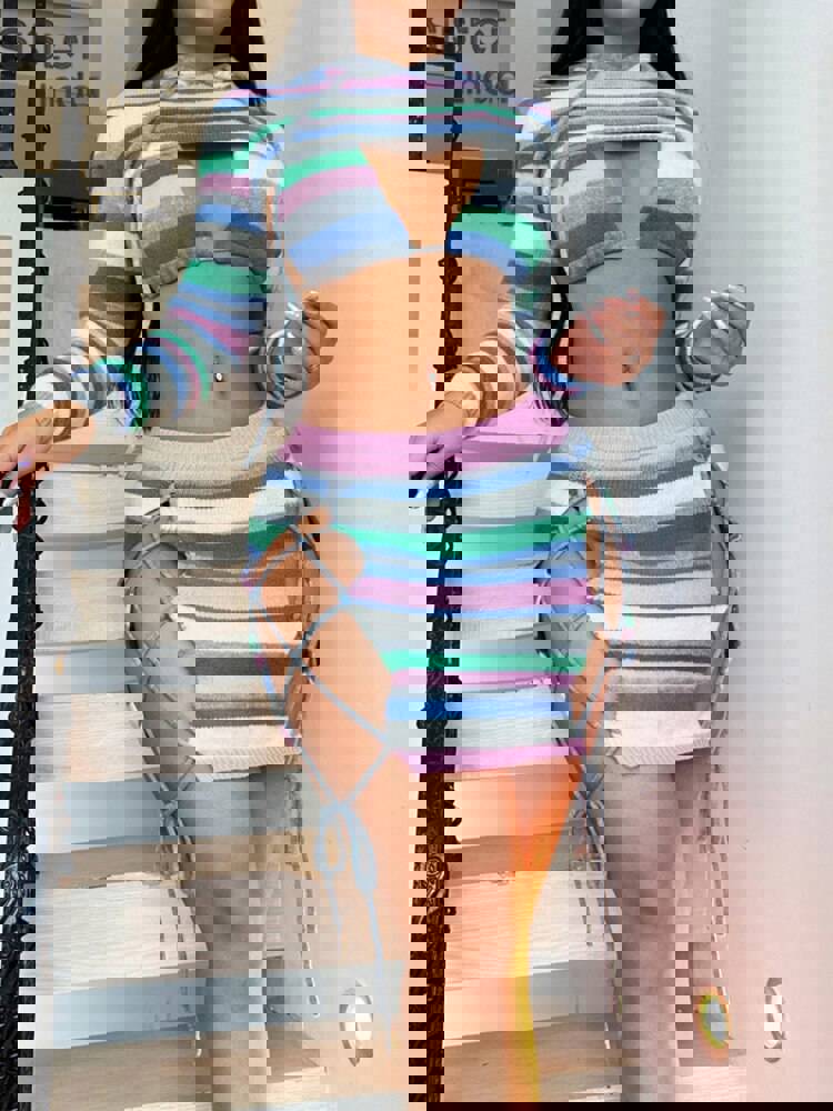 Sisterlinda Fashion Striped Patchwork Trend 3-Piece Set for Women