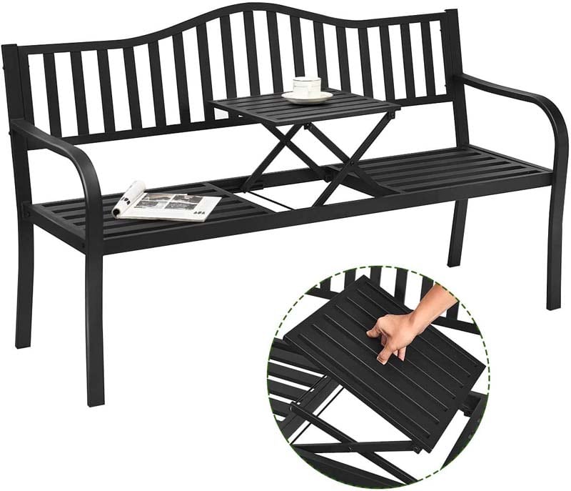 59.5 Large Outdoor Patio Metal Bench with Pullout Table, Weather-Resistant Garden Bench