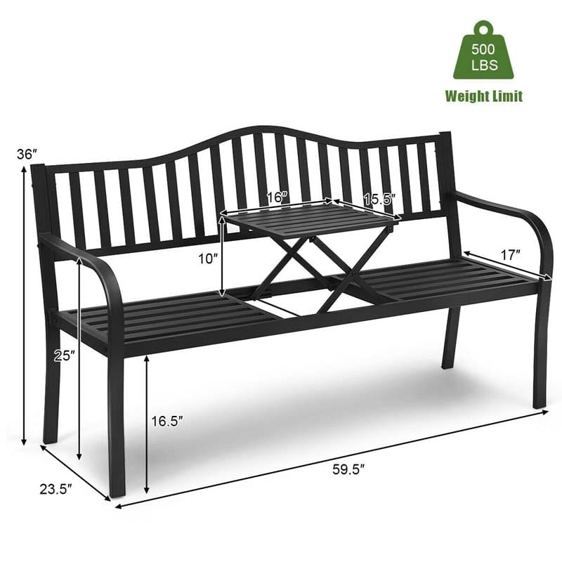59.5 Large Outdoor Patio Metal Bench with Pullout Table, Weather-Resistant Garden Bench