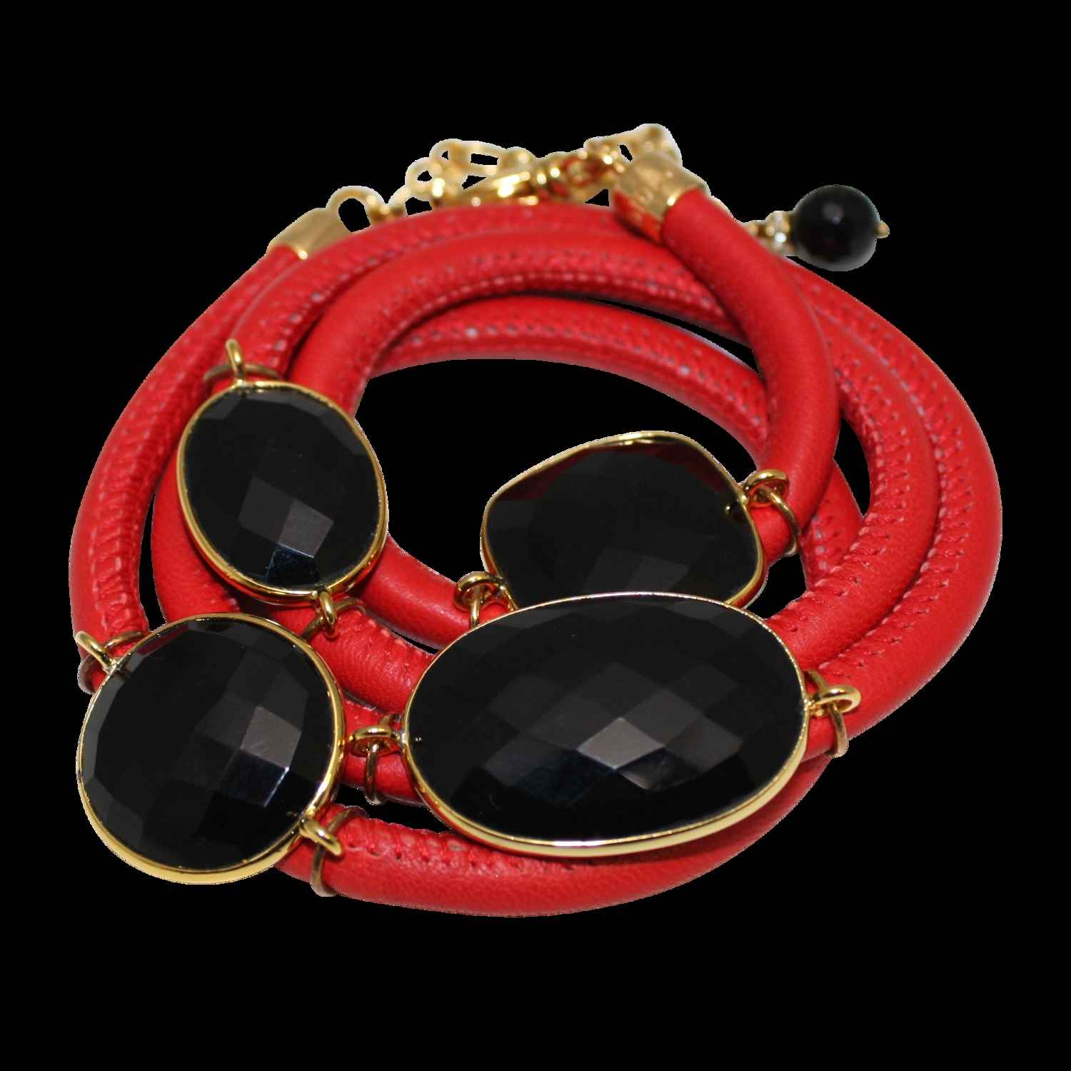 Red Italian Wrap Leather Bracelet With Faceted Black Spinel