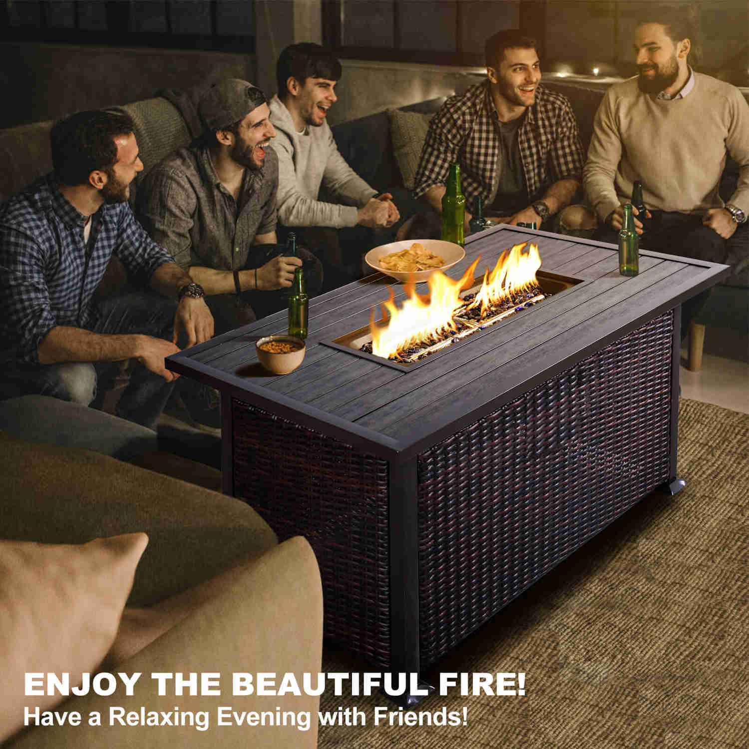 48 Propane Gas Fire Pit Table with Auto-Ignition, 50000 BTU, Wood Tabletop, Waterproof Cover & Glass Beads