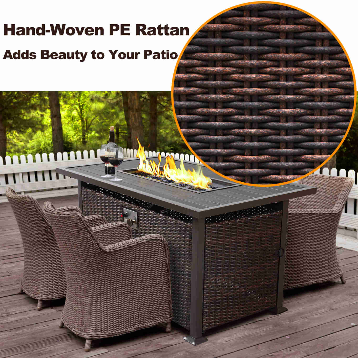 48 Propane Gas Fire Pit Table with Auto-Ignition, 50000 BTU, Wood Tabletop, Waterproof Cover & Glass Beads