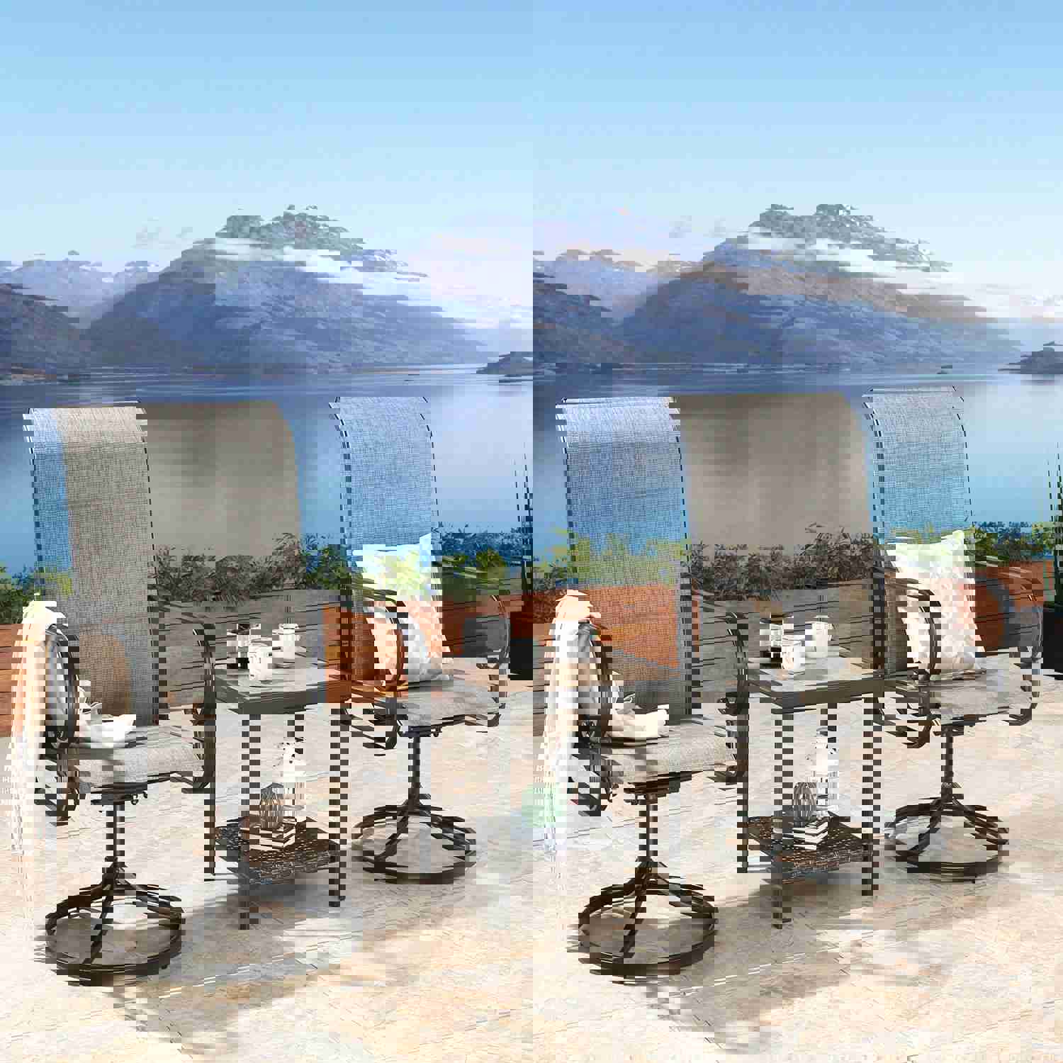 3-Piece Outdoor/Indoor Patio Conversation Set with Wooden-Like Side Table and Swivel Chairs