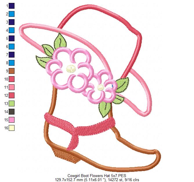 Cowgirl Boot, Hat and Flowers Applique Embroidery Design