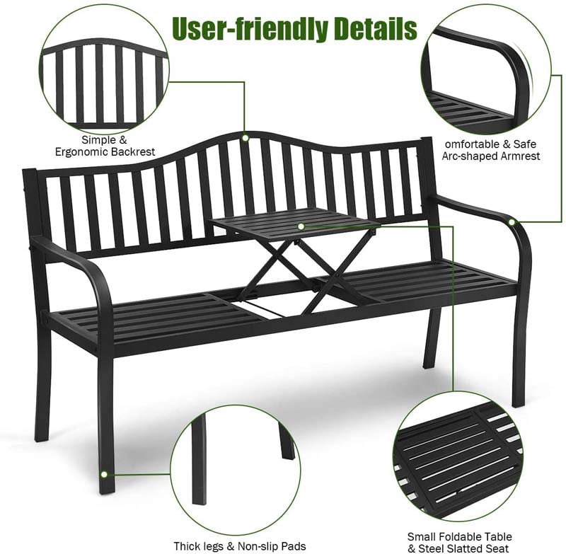 59.5 Large Outdoor Patio Metal Bench with Pullout Table, Weather-Resistant Garden Bench