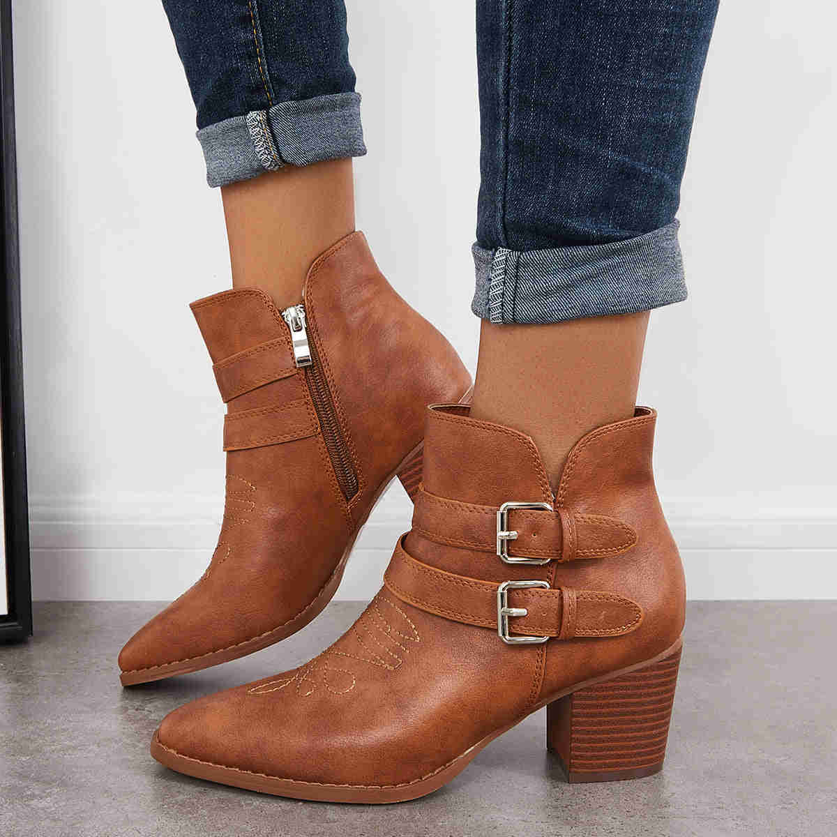 Cutout Buckle Straps Ankle Boots Chunky Block Heel Western Booties