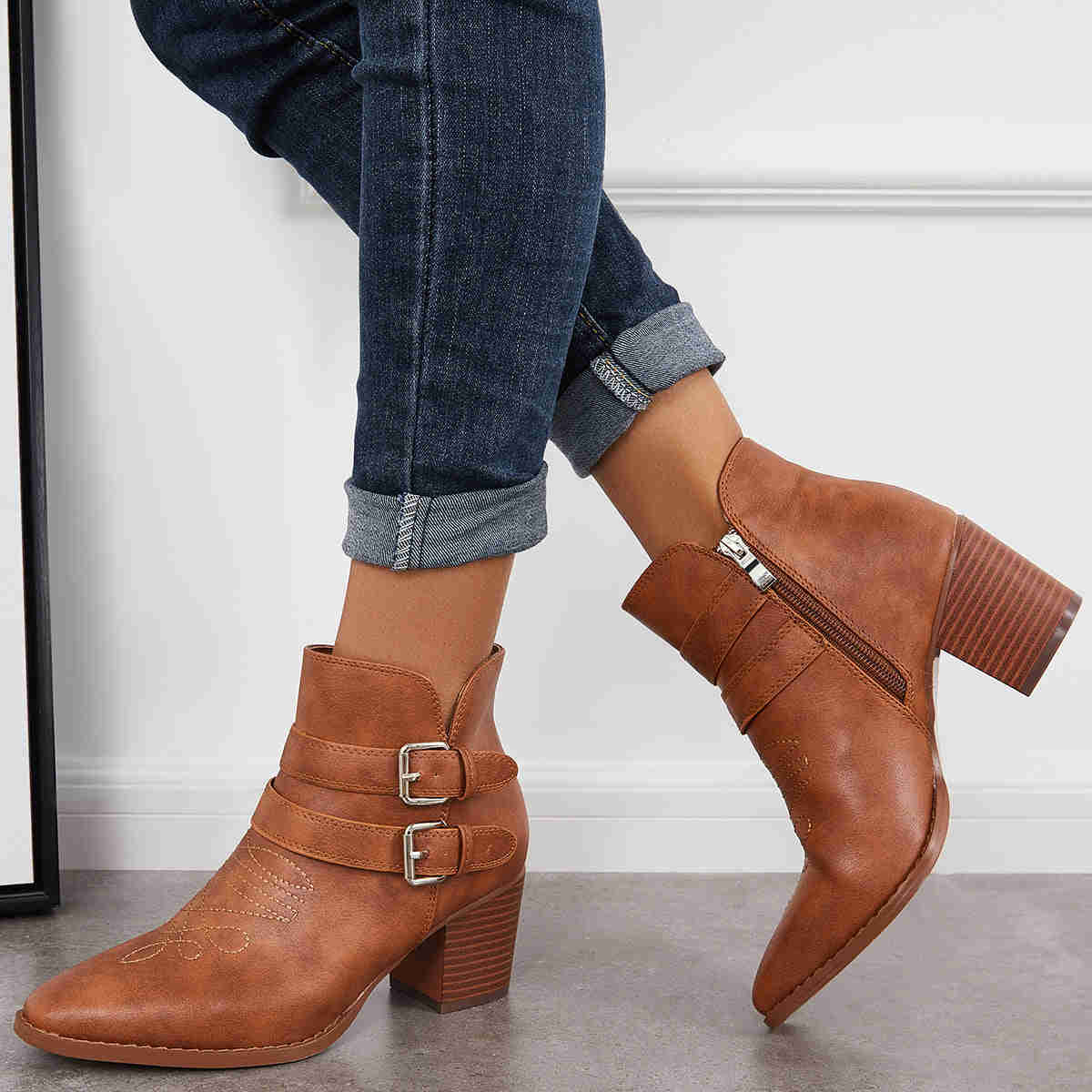 Cutout Buckle Straps Ankle Boots Chunky Block Heel Western Booties